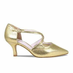 Sole Bliss Cecilia: Gold Snake Print Leather^ Heels