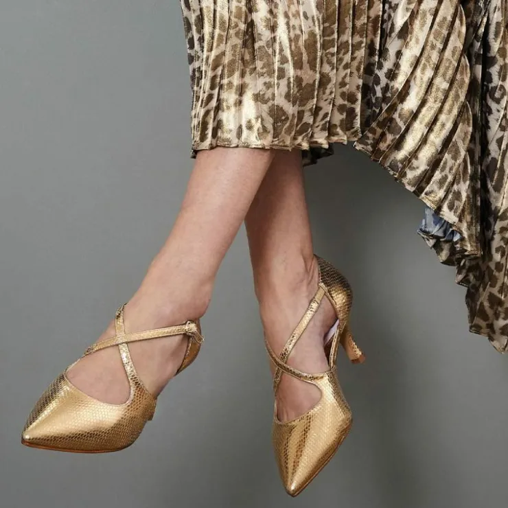 Sole Bliss Cecilia: Gold Snake Print Leather^ Heels