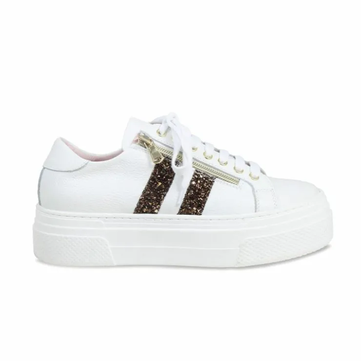 Sole Bliss Diva: White Leather & Bronze Glitter^ Flats | Sneakers