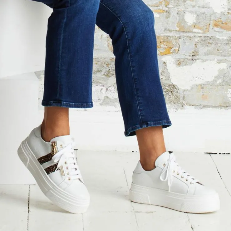 Sole Bliss Diva: White Leather & Bronze Glitter^ Flats | Sneakers