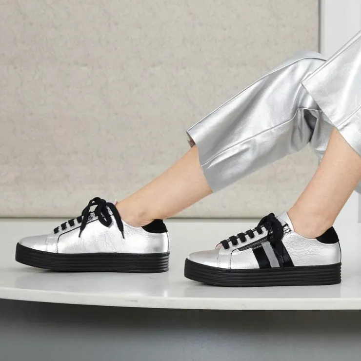 Sole Bliss Harley Stripe: Silver Leather & Black Pony^ Flats | Sneakers