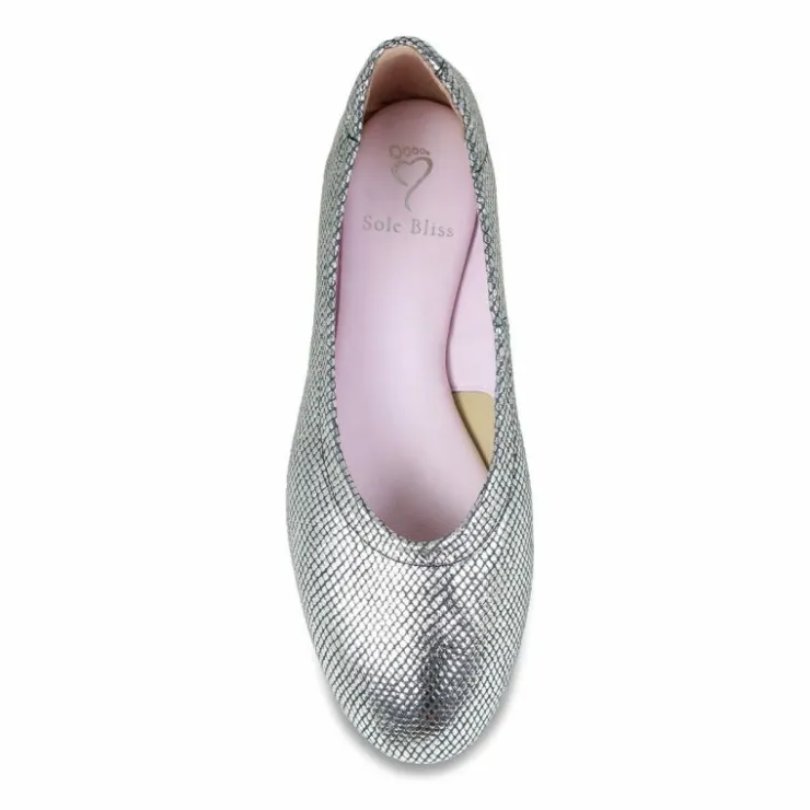 Sole Bliss Luna: Silver Snake Print Leather^ Flats