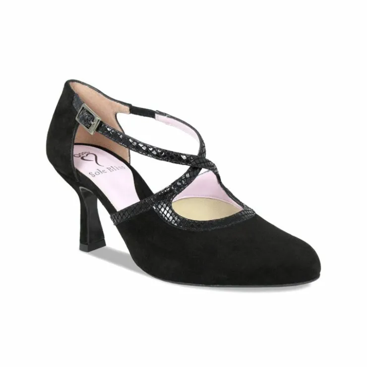 Sole Bliss Meredith: Black Suede & Snake Print Leather^ Heels