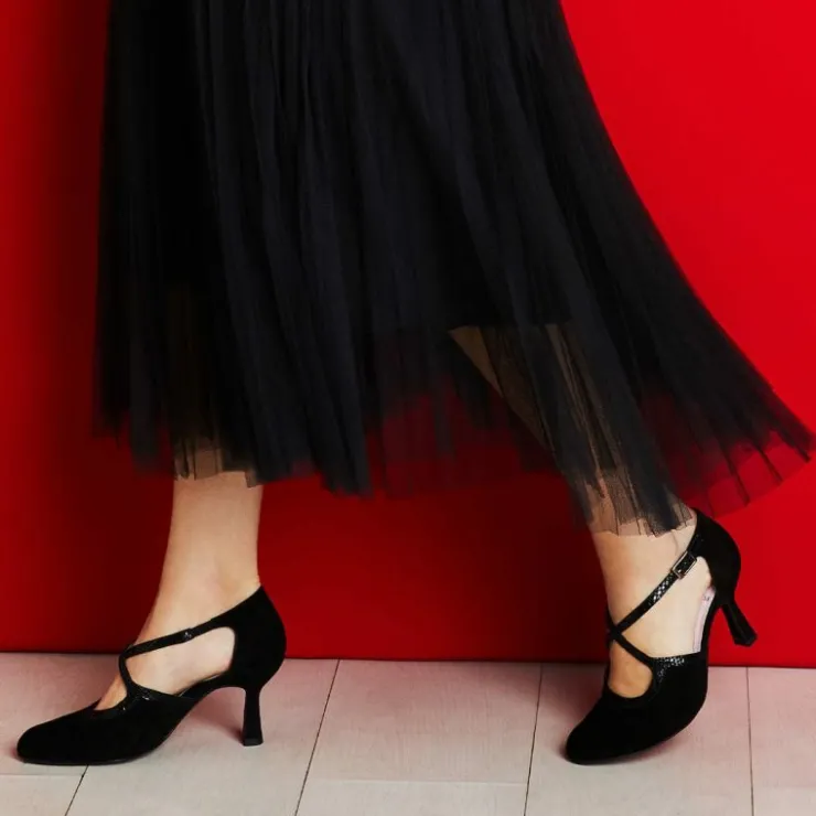 Sole Bliss Meredith: Black Suede & Snake Print Leather^ Heels