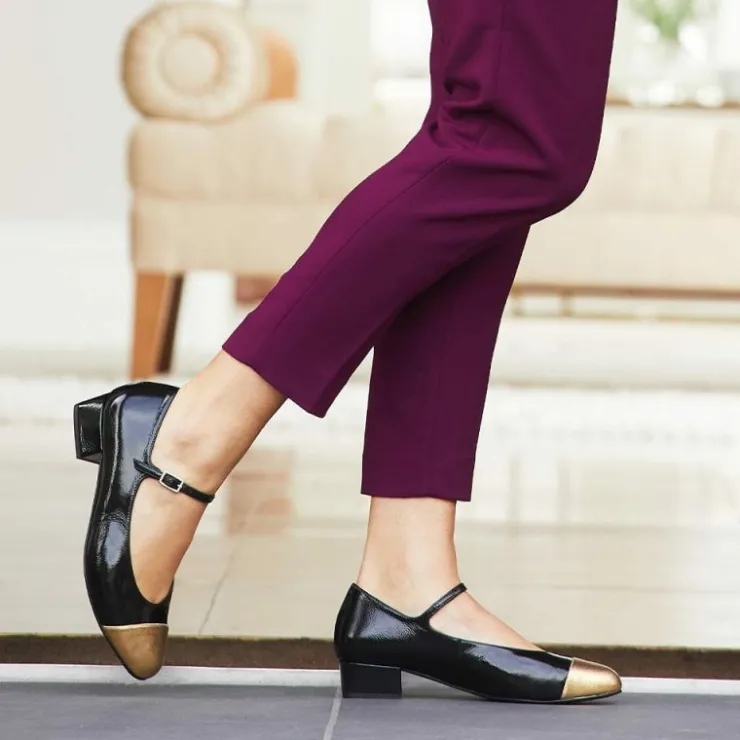 Sole Bliss Nancy: Black & Gold Leather^ Heels | Flats