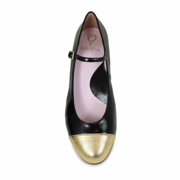 Sole Bliss Nancy: Black & Gold Leather^ Heels | Flats