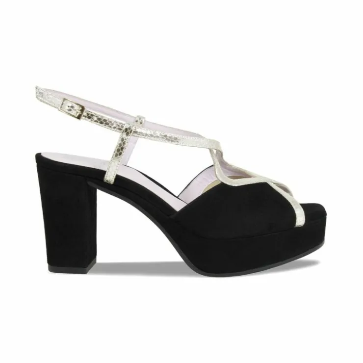 Sole Bliss Rachel: Black Suede & Gold Snake Print Leather^ Heels | Sandals