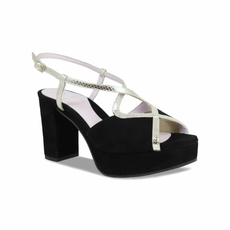 Sole Bliss Rachel: Black Suede & Gold Snake Print Leather^ Heels | Sandals