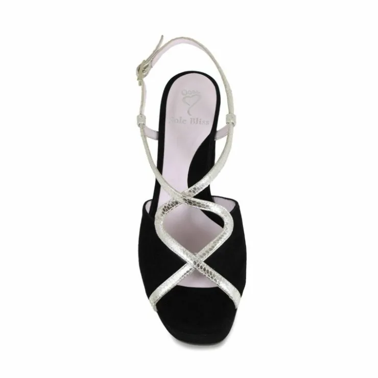 Sole Bliss Rachel: Black Suede & Gold Snake Print Leather^ Heels | Sandals