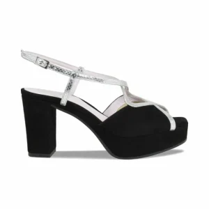 Sole Bliss Rachel: Black Suede & Silver Snake Print Leather^ Heels | Sandals