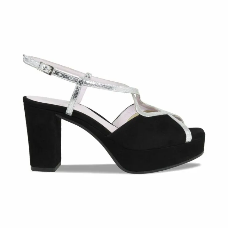 Sole Bliss Rachel: Black Suede & Silver Snake Print Leather^ Heels | Sandals