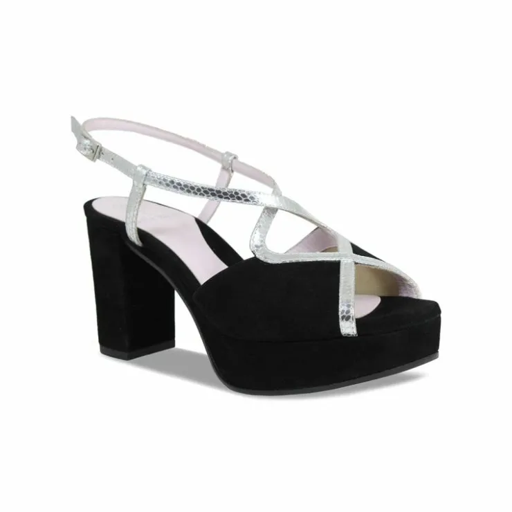 Sole Bliss Rachel: Black Suede & Silver Snake Print Leather^ Heels | Sandals