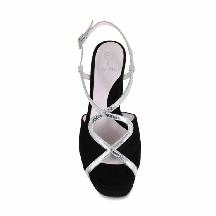 Sole Bliss Rachel: Black Suede & Silver Snake Print Leather^ Heels | Sandals