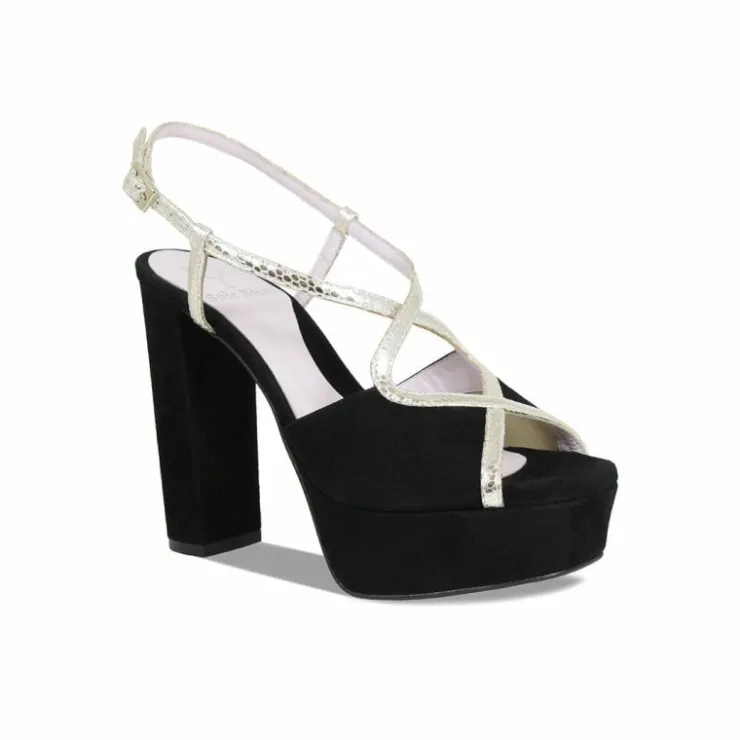 Sole Bliss Reese: Black Suede & Gold Snake Print Leather^ Heels | Sandals