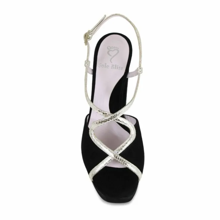 Sole Bliss Reese: Black Suede & Gold Snake Print Leather^ Heels | Sandals