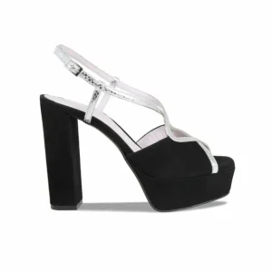 Sole Bliss Reese: Black Suede & Silver Snake Print Leather^ Heels | Sandals
