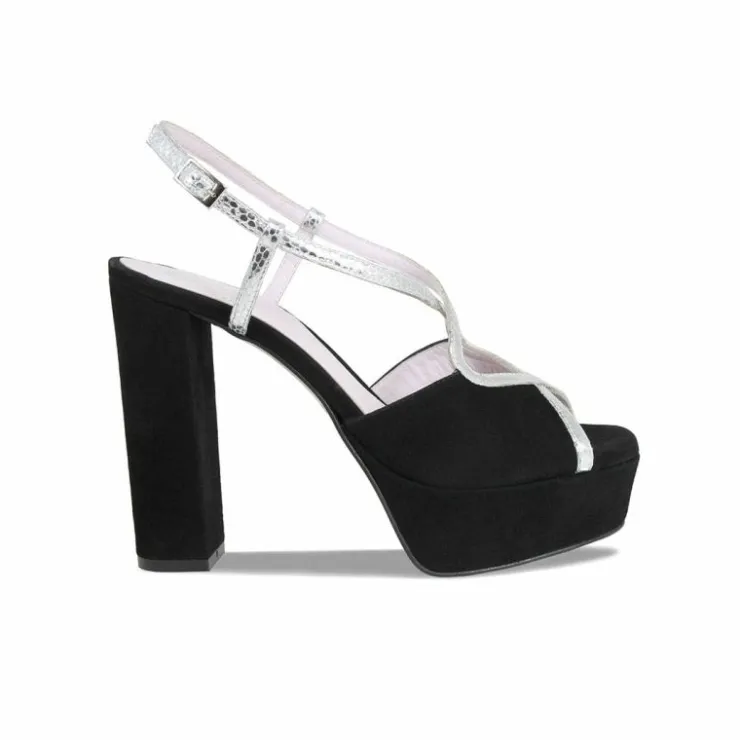 Sole Bliss Reese: Black Suede & Silver Snake Print Leather^ Heels | Sandals