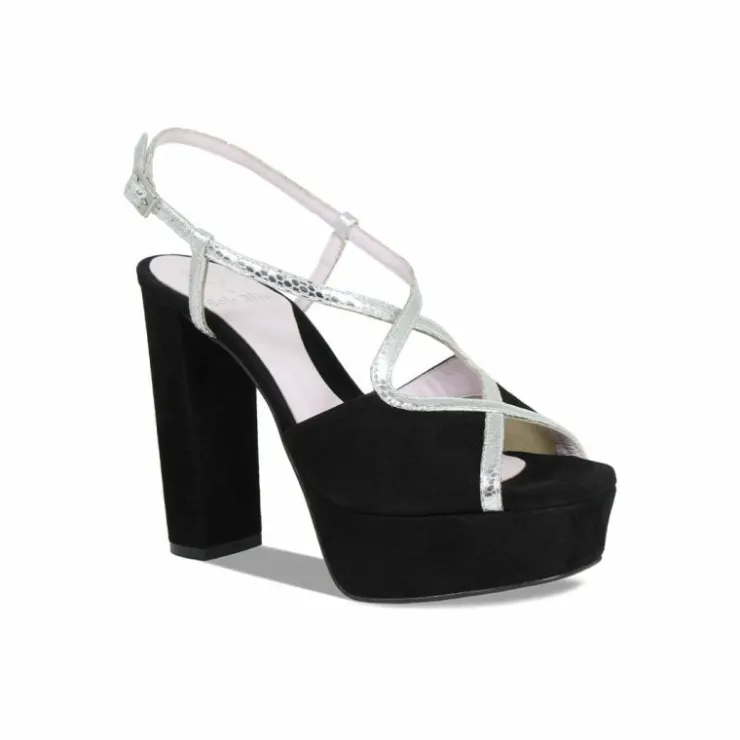 Sole Bliss Reese: Black Suede & Silver Snake Print Leather^ Heels | Sandals