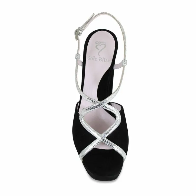 Sole Bliss Reese: Black Suede & Silver Snake Print Leather^ Heels | Sandals
