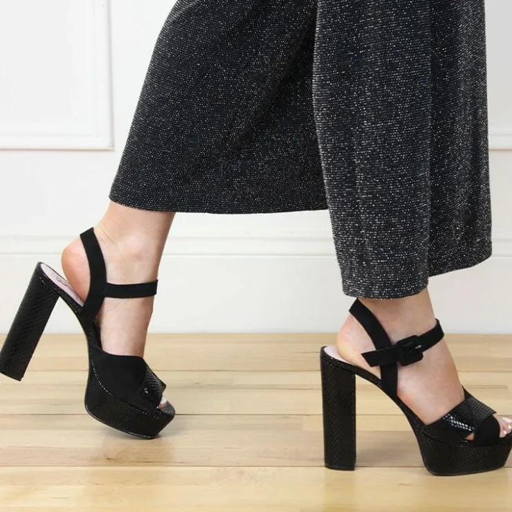 Sole Bliss Remy: Black Suede & Snake Print Leather^ Heels | Sandals