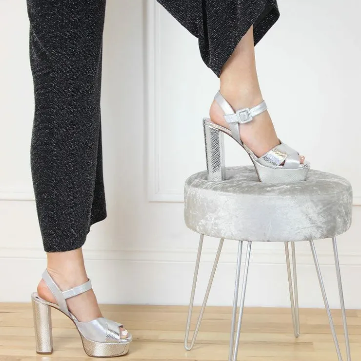 Sole Bliss Remy: Silver Suede & Snake Print Leather^ Heels | Sandals