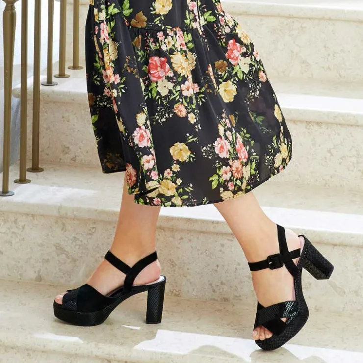 Sole Bliss Ruby: Black Suede & Snake Print Leather^ Heels | Sandals