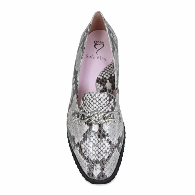 Sole Bliss Tamara: Pale Gray Snake Print Leather^ Flats | Loafers